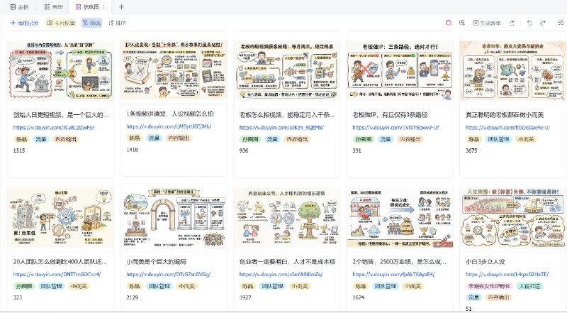 #出海运营秘籍👉@yunying23给自己的「高客单IP内容营销工厂」再次做了升级✅储存我所有对标选题+文案脚本+视频封面✅自动采集数据记录每一条视频的互动量，方便我筛选爆款选题✅自动文生图总结为每一期视频都生成一张手绘版信息提纲让我看到封面就知道这条视频的结构框架和核心结论#出海运营秘籍👉@yunying23给自己的「高客单IP内容营销工厂」再次做了升级✅储存我所有对标选题+文案脚本+视频封面✅自动采集数据记录每一条视频的互动量，方便我筛选爆款选题✅自动文生图总结为每一期视频都生成一张手绘版信息提纲让我看到封面就知道这条视频的结构框架和核心结论