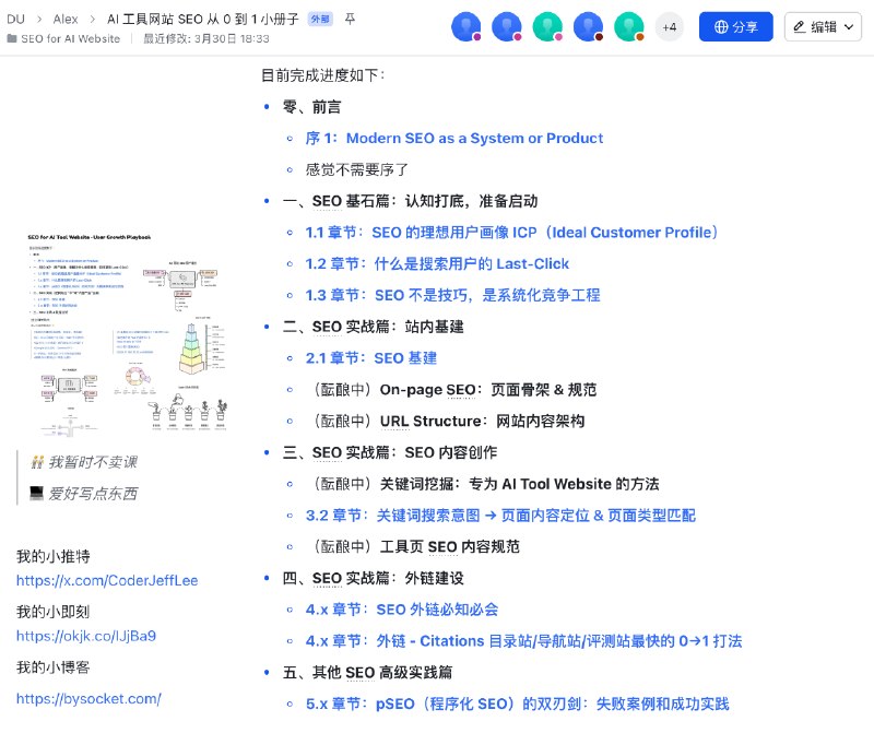 《AI 工具网站 SEO 从 0 到 1 小册子》感谢大家支持 ～好事连连🎉 总字数破万了，UV 破万，访问次数还挺多，说明大家厚爱看🎉 生财加精华帖后面准备更新：1.4 章节：寻找并了解你的 SEO 竞争对手传送门：