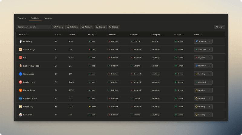 🎉 MkDollar 开发进展输入域名就可以抓取产品信息，然后你就可以管理产品的外链你可以从外链库中轻松查找高DR+dofollow+无需登录的导航站，一个个去提交，并管理提交状态