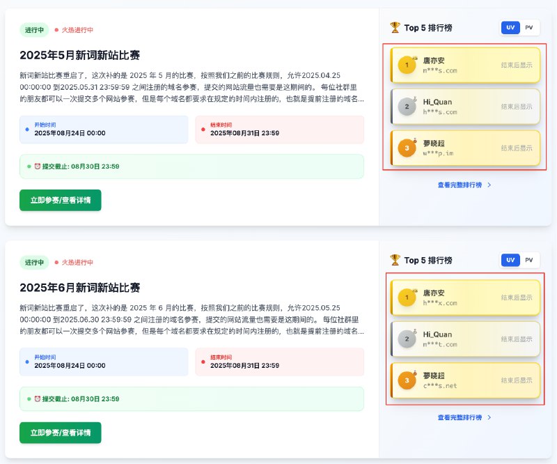 好神奇啊，5 月和 6 月的比赛，目前已经收到的参赛网站里，我审核通过了的，目前前三名居然都是相同的三位朋友