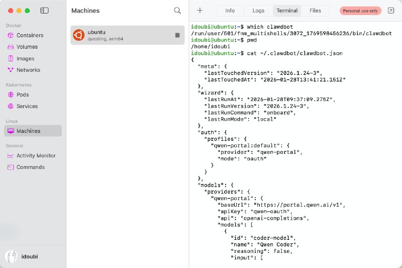 Mac 用户 5 分钟上手体验 Moltbot(Clawdbot) 👇1. 搜索安装 OrbStack 软件2. 在 OrbStack 创建 Linux 类型的虚拟机，选择 Ubuntu 系统3. 在虚拟机运行 Moltbot 官网的安装脚本，根据步骤完成设置4. 设置过程中，模型供应商选择 Qwen，网页登录授权，免费使用 Qwen coder-model5. 复制虚拟机 ~/.clawdbot/clawdbot.json 配置文件中 gateway.auth.token 的值6. 打开网页 127.0.0.1:18789/dashboard/overview，在 Gateway Token 填入上一步的 token7. 访问 127.0.0.1:18789/dashboard/chat，开始对话做任务再花 2 分钟接入到 Telegram👇1. 在 Telegram 搜索 BotFather，打开对话2. 在 BotFather 通过 /newbot 命令创建一个机器人3. 复制创建好的机器人信息，贴给 Moltbot 对话框，让 Moltbot 自己配置 Telegram4. 在虚拟机运行：clawdbot gateway restart，重启网关服务5. 在 Telegram 跟机器人对话，驱动 Moltbot 做任务
