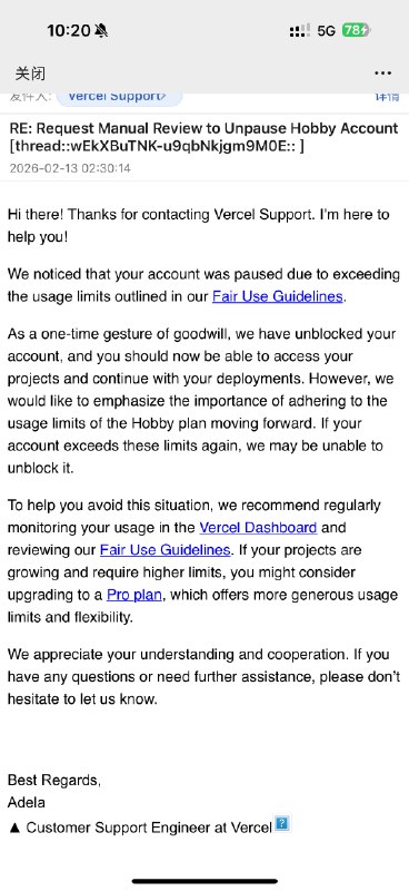 #出海运营秘籍👉@yunying23之前 vercel 因为流量大超额导致账号被暂停了，后面以为等到下个月就会自动解除，结果并不会