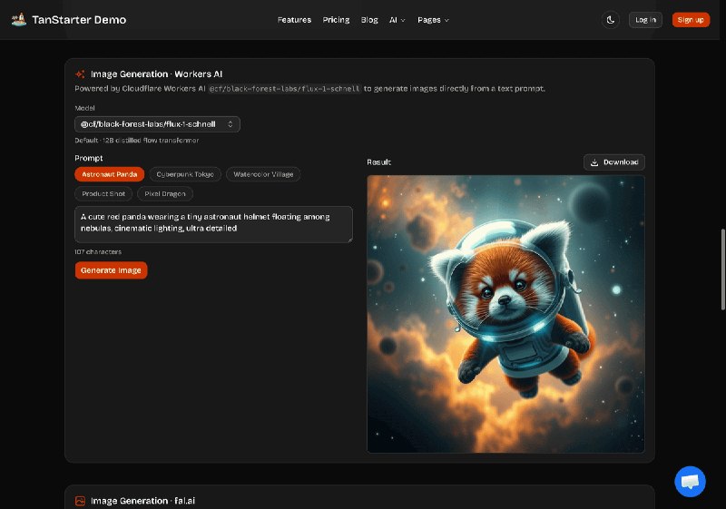 🎉 TanStarter 模板已经支持 AI 功能啦！TanStarter 模板集成了 TanStack AI 和 Cloudflare Workers AI，轻松实现各种 AI 能力，包括 AI 翻译、AI 总结、语音合成、图生文、文生图，还通过 fal adapter对接 nanobanana 或者 GPT image 2 实现图片编辑