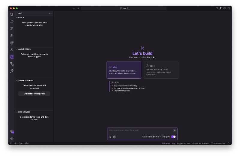 浅用了一天新出的ai ide kiro，第一印象很不错，给我的vibe coding感拉满了，而且内置免费的claude sonnect 4