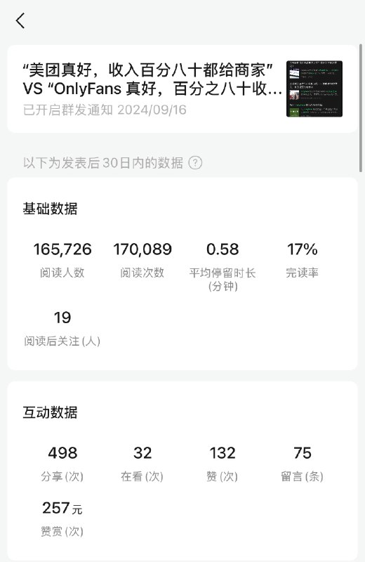 公众号薅推荐流量之百万曝光十万➕阅读：标题党、引战、卖蠢、蹭热点…中秋节无意写出来第一篇 10 万+的文章，简单复盘一下感觉真的其实就是：标题党、引战、卖蠢、蹭热点…果然套路虽然你看不上，但是人家就是有用，哪怕你是无意中对上了路数，也管用……emm以及真的不要高估中国十四亿人的阅读水平，曲高和寡，要去大流量池子里，就是会各种奇奇怪怪的人都有还有就是，确实是公众号上了推荐逻辑之后，如果愿意用套路 就更容易薅流量这篇文章正常就是忠实读者贡献了一千多的阅读，然后被推荐给了 100 万的曝光，带来 16 万的阅读（它就是只要你曝光/阅读转化好就一直给你推，我大概是百万曝光量的时候转化就差了，可能是因为推的人群不大感兴趣了，所以推流也就随之结束了）然后就是怎么说呢，你继续写自己想写的东西可能反而心更定了，因为你知道自己不是写不出十万➕，只是不想