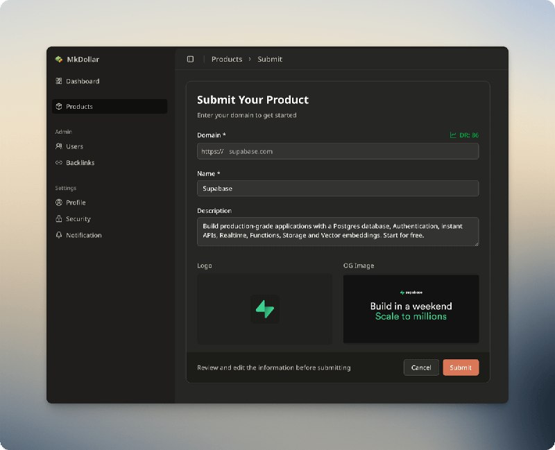 🎉 MkDollar 开发进展输入域名就可以抓取产品信息，然后你就可以管理产品的外链你可以从外链库中轻松查找高DR+dofollow+无需登录的导航站，一个个去提交，并管理提交状态