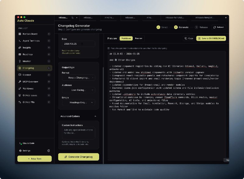 建议都去试下这个效率神器：Auto Claude0、最多跑12个终端，可自定义模型1、kanban：查看所有tasks的进展2、ideation：提出代码优化建议3、changelog：根据提交生成更新日志4、insights：对代码库进行提问对话5、roadmap：竞品分析并制定计划6、支持mcp、worktree、Github issues和PR建议都去试下这个效率神器：Auto Claude0、最多跑12个终端，可自定义模型1、kanban：查看所有tasks的进展2、ideation：提出代码优化建议3、changelog：根据提交生成更新日志4、insights：对代码库进行提问对话5、roadmap：竞品分析并制定计划6、支持mcp、worktree、Github issues和PR