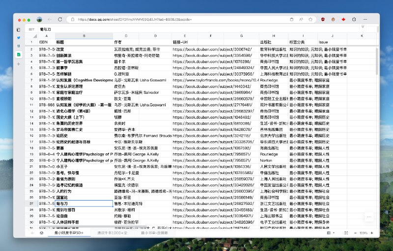 #工程师学习 看到一个通识类的书单整理，来自于「聪明的阅读者」，包括了各个领域的知识和理解，很简单使用网页 Excel 直接整理，其中也分成了最小 50 本，以及完整的 1000+ 书籍整理，适合读书荒的朋友看看
