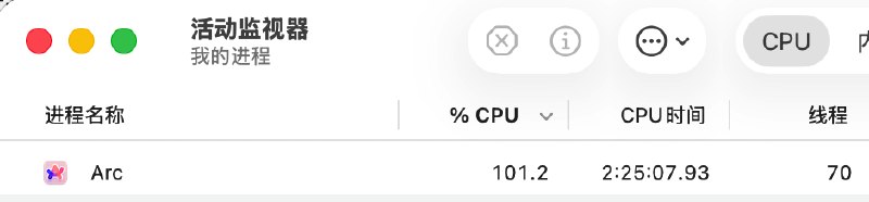 arc浏览器最近不知道啥毛病，一直CPU占用100%，重装没有用，禁掉所有扩展也没有，关闭所有高级功能也没用，切换测试版正式版也没用，清除缓存也没用，不知道啥毛病