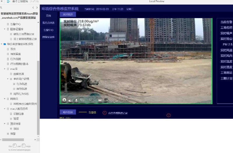 这个原型文件包含了共33个目录，主要涵盖了综合系统首页、报警页面、情报系统移动版、账号管理、环境综合传感监控系统、气象监测首页、实时监控、单个工地情况、单个渣土受纳场情况、监控点列表、告警设置、告警中心、图像证据库、综合来源情报分析系统、地图监视、行为预测、mac库、单体用户详情、行为轨迹、网络轨迹、网络行为分析、网格员、mac人脸信息库、识别信息、验证、搜索结果、添加、预警