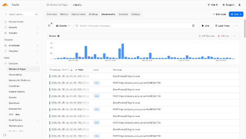 Cloudflare Workers 的 Observability 似乎不支持报错时主动通知？大家现在是怎么监控 Workers 异常的呀？