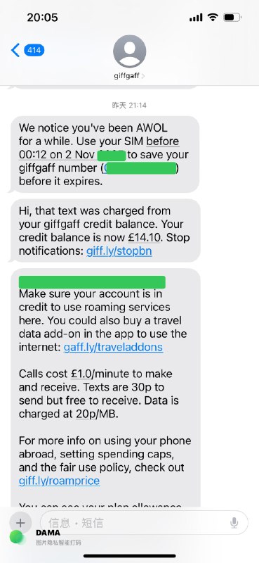 GiffGaff电话卡用了一年多了 应该是目前最便宜最划算的国外接短信专用电话卡了电话卡免费寄上门 英国号码 收短信是无限的 只需要180天保号一次 发个短信给任何国内号码就可以 一次花费0.3磅 一年也就0.6磅 没有其他任何费用了 注册了各种服务都是可以用的用了这个以后 我把其他两张都取消了@