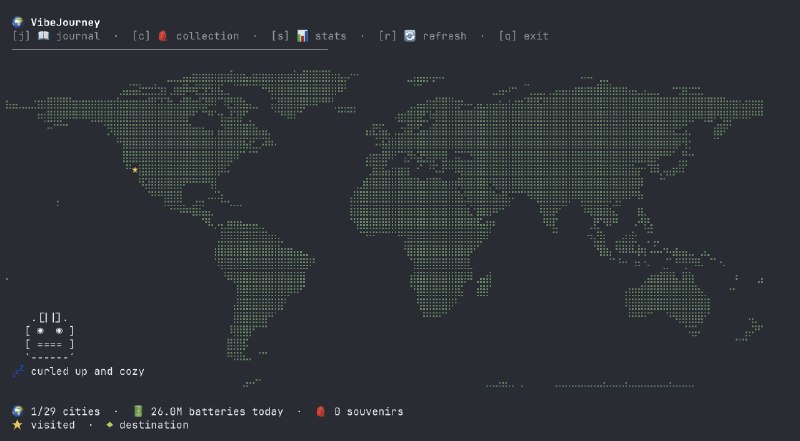这几天假期没怎么干活，token 剩太多，用 claude code vibe 了个小玩意vibejourney - your vibe coding is also a journey.claude code buddy 版的旅行青蛙：你花的 token 就是 buddy的粮食，你写代码，它环游世界，打卡各种景点，还会带点收集品回来——东京的寿司套装、北京的玉镯子、巴塞罗那的瓷砖代码已打包成npm包并开源，使用方法npm install -g vibejourneyvibejourney开启你的vibe coding journey