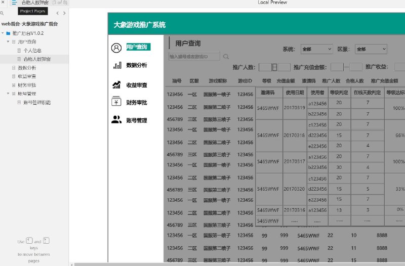 原型项目介绍：这个原型项目是一个名为“大象游戏推广后台”的web后台管理系统，版本为V1.0.2