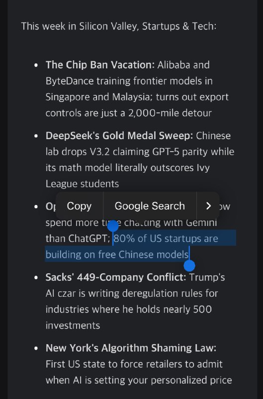 80% of US startups are building on free Chinese models.今天的科技早报：美国80%的创业公司都在用免费的开源模型