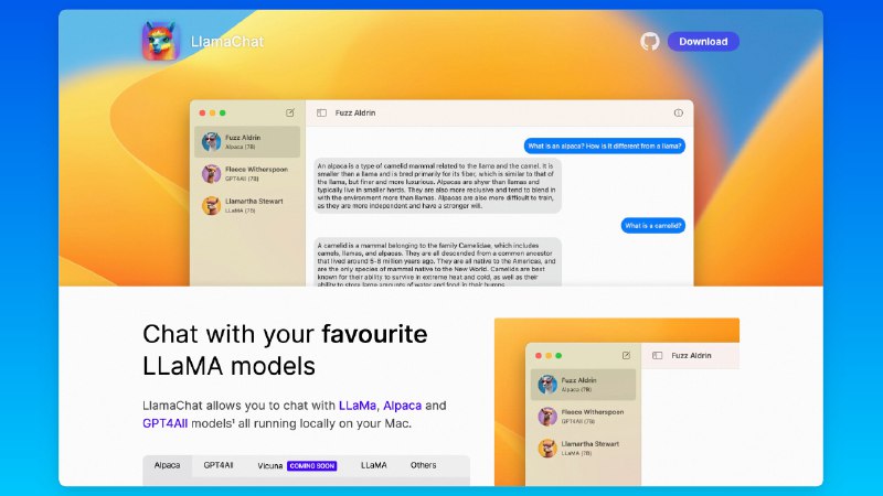 #工程师工具 发现一个很适合小白本地玩语言模型的开源 Mac 工具「LLamaChat」，可下载 LLama、Alpaca 和 GPT4All 模型后直接进行聊天，省去了麻烦的配置过程，很开箱即用，有兴趣的同学可以玩玩看