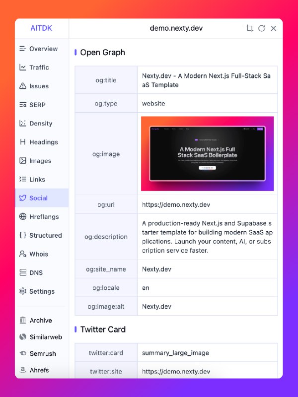 Nexty.dev 有一个自动处理 metadata 的方法，只需要传入很少的信息，就能生成完善的 metadata，满足你的网站 SEO 指标