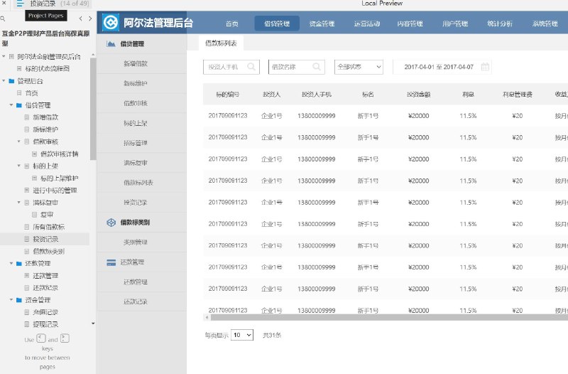 这个原型项目是一个互联网金融（互金）P2P理财产品的后台管理系统，旨在为阿尔法金融的管理员提供一个高保真原型，以便管理和监控P2P借贷产品的整个生命周期