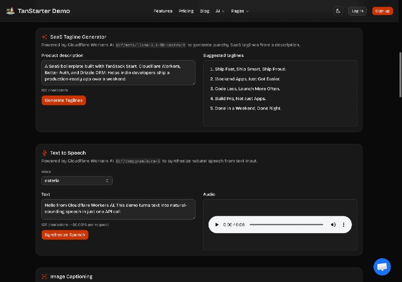 🎉 TanStarter 模板已经支持 AI 功能啦！TanStarter 模板集成了 TanStack AI 和 Cloudflare Workers AI，轻松实现各种 AI 能力，包括 AI 翻译、AI 总结、语音合成、图生文、文生图，还通过 fal adapter对接 nanobanana 或者 GPT image 2 实现图片编辑
