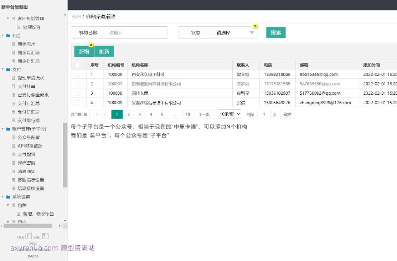 原型介绍：这个原型项目是一个综合性的平台管理系统，旨在为企业提供全面的业务流程管理功能，包括子平台管理、机构管理、产品管理、权益管理、合伙人管理、黑名单管理、推广链接管理、订单管理、客户投诉处理、佣金管理、支付管理等