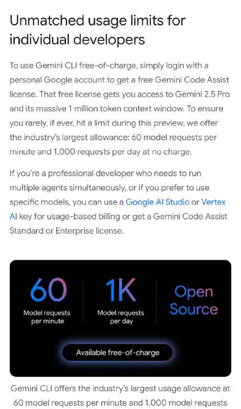 ⭕️ Gemini CLI白嫖！谷歌发布了个Google cli，集成在终端的命令行工具，类似Claude code✅ 每分钟60次请求，每天1000次（财大气粗！）✅ 免费使用Gemini 2.5 pro✅ 可以使用Google search✅ 开源，地址👇🔗 