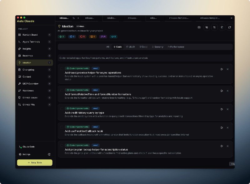 建议都去试下这个效率神器：Auto Claude0、最多跑12个终端，可自定义模型1、kanban：查看所有tasks的进展2、ideation：提出代码优化建议3、changelog：根据提交生成更新日志4、insights：对代码库进行提问对话5、roadmap：竞品分析并制定计划6、支持mcp、worktree、Github issues和PR建议都去试下这个效率神器：Auto Claude0、最多跑12个终端，可自定义模型1、kanban：查看所有tasks的进展2、ideation：提出代码优化建议3、changelog：根据提交生成更新日志4、insights：对代码库进行提问对话5、roadmap：竞品分析并制定计划6、支持mcp、worktree、Github issues和PR