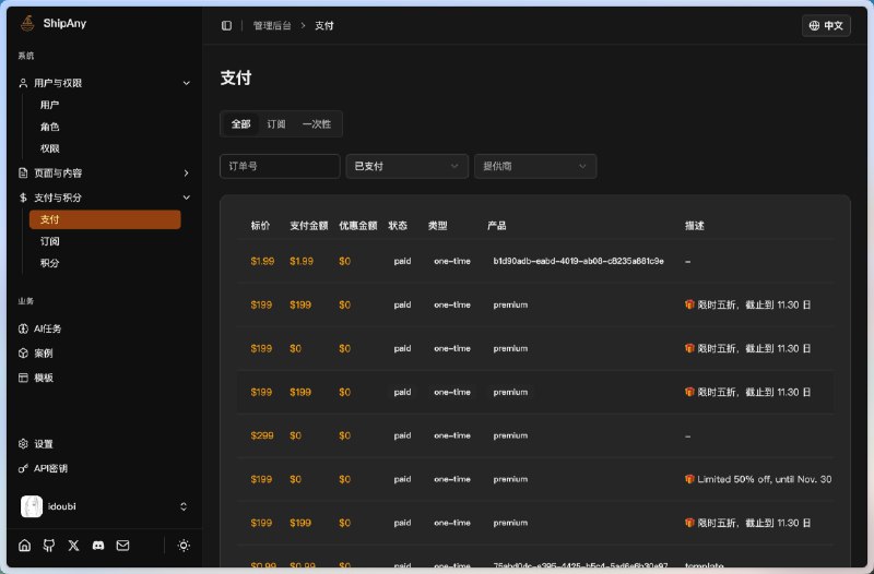 ShipAny 内置三套核心系统，其中一套是后台管理系统