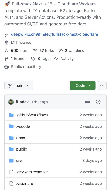 ⭕️cf全栈开发模板分享一个基于 Next.js 15 和 Cloudflare Workers 的全栈模板✅ 集成 D1 数据库、R2 存储✅ 支持Better Auth 及 Server Actions✅ 配备自动化 CI/CD🔗 
