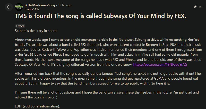 07年被人开始问起，在接下来十七年间被称为the mysterious song的神秘歌曲终于在昨天被找到