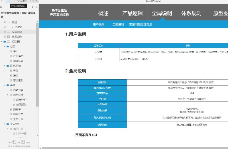 这个原型文件主要是一个电商网站的产品逻辑和页面设计模板，共有30个目录，包括概述、产品逻辑、全局说明、体系规则和原型图