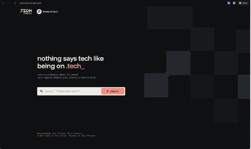 Startup福音！ProductHunt 给用户免费提供一年的.tech域名！无需绑卡，无任何隐藏费用，无附加条款，可以转移，填一下表格就能申请了！申请地址：
