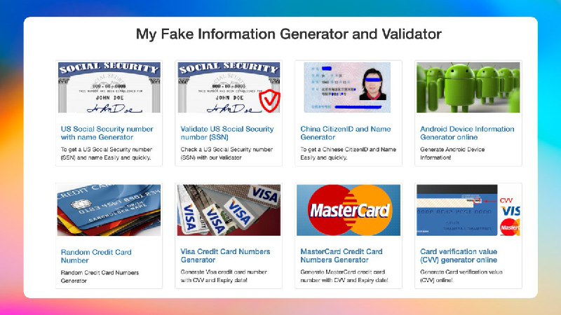 看到一个假信息生成工具叫「MyFakeInfo」,常见的美国社保卡、身份证、Android设备以及信用卡等信息的生成，看了下 FAQ ，所有信息使用随机规则生成假信息，无法律风险，可以用在需要真实信息校验测试、互联网假身份、国外网站注册等场景，但请勿用来做坏事😂