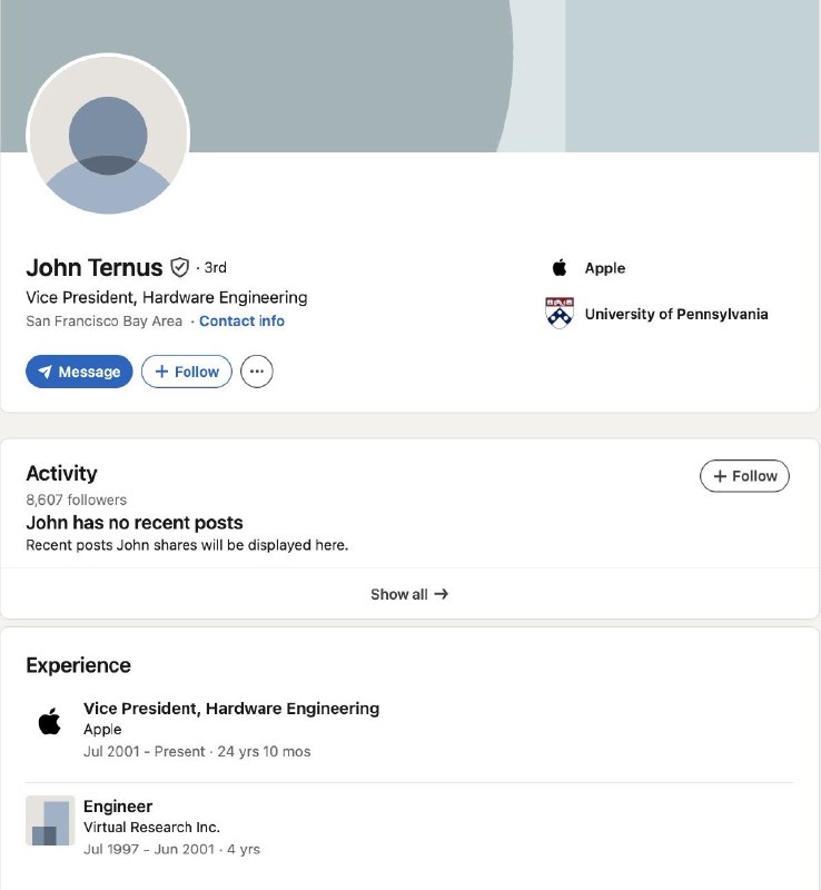 John Ternus成为苹果CEO这件事，让人们意识到了，如果你不准备换工作，领英是不需要装修的