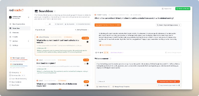 🎉 分享一个自测的 Reddit 营销工具 RedReach 的使用体验1、网站整体体验是很好的，onboarding流程很舒服2、网站会要求填写你的网站、竞争对手、关键词等信息3、它会根据你的产品、竞争对手、关键词等信息，搜索相关的帖子，然后自动帮你生成评论，你点击跳转并发布评论即可4、帖子的发布时间、评论数、相关度都会显示给你，你来决定是否回复，处理完可以标记帖子已回复，避免下次再出现5、它自己会注意不在评论中加上链接，避免账号被封，评论也会恰到好处地紧跟主贴内容，同时引出你的产品，避免硬广总结：整体来说，这个工具还是不错的，不过不支持主动发帖功能，所以如果产品比较小众，那么很快你可能就没有什么帖子可以评论了，适合订阅1个月集中处理，之后就可以取消订阅了