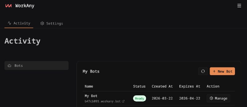 WorkAny Bot 已支持微信接入👇1. 电脑浏览器访问 workany.bot ，按步骤点两次 Next，选择一个 Deploy 方案2. 付费后开始部署你的 OpenClaw，等几分钟部署成功3. 在 Bot 管理页面添加 WeChat 接入渠道4. 微信扫码登录5. 在微信 ClawBot 与云端的 OpenClaw 对话------无需技术知识，无需配置模型，开箱即用，体验非常丝滑