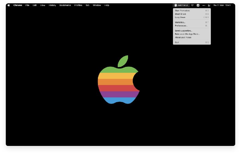 #工程师工具 最近开始关注电脑用眼过久提醒我休息的软件，找到一个免费好用「Just Focus 2」，也是一个简单的番茄工作法计时器，支持快捷键，在需要休息的时候，用出现一个全屏的视图，防止你忍不住干活，同时也提供每日的统计数据，方便回顾，有类似诉求同学可以试试