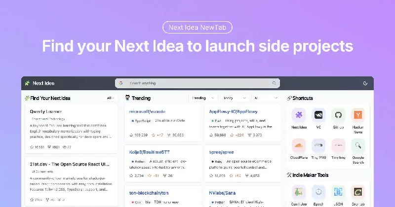 推荐一款为开发者打造的 All-in-one 新标签页：🧩Next Idea NewTab