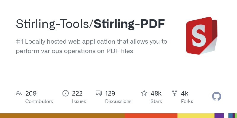 GitHub - Stirling-Tools/Stirling-PDF: #1 Locally hosted web application that allows you to perform various operations on PDF files又淘到一个无敌好用的工具，GitHub排名第一的PDF处理工具，在本地Docker启动，三分钟就能跑起来，支持各种付费软件才能使用的PDF功能软件目前支持38国语言完全私有化不用考虑信息安全问题大家可以放心使用