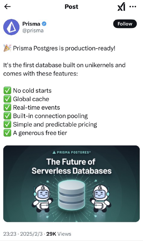 Prisma推出了Postgres 数据库，免费计划也有10个数据库额度，香！Prisma推出了Postgres 数据库，免费计划也有10个数据库额度，香！