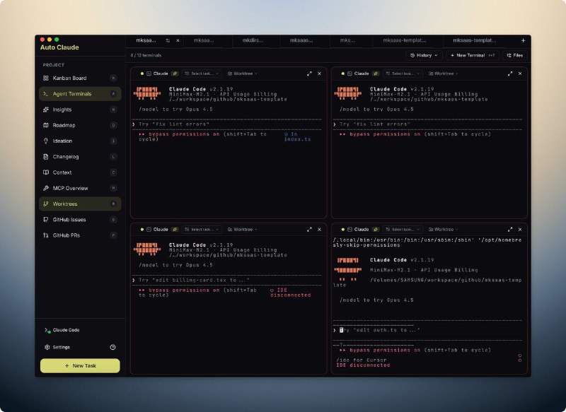 建议都去试下这个效率神器：Auto Claude0、最多跑12个终端，可自定义模型1、kanban：查看所有tasks的进展2、ideation：提出代码优化建议3、changelog：根据提交生成更新日志4、insights：对代码库进行提问对话5、roadmap：竞品分析并制定计划6、支持mcp、worktree、Github issues和PR建议都去试下这个效率神器：Auto Claude0、最多跑12个终端，可自定义模型1、kanban：查看所有tasks的进展2、ideation：提出代码优化建议3、changelog：根据提交生成更新日志4、insights：对代码库进行提问对话5、roadmap：竞品分析并制定计划6、支持mcp、worktree、Github issues和PR