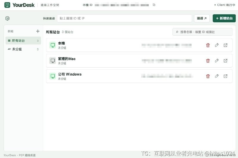 YourDesk 拿 Go 写了一套远控，管 Mac 和 Windows，用远端 ID 或 IP 直连，常用机器存成站台分组