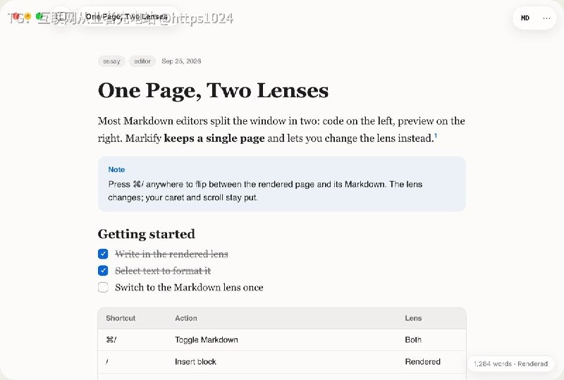 macOS 上写 Markdown 时不用左右分屏对照预览，同一个文档按 ⌘/ 就能在渲染视图和 Markdown 源码之间切换，光标和滚动位置不丢