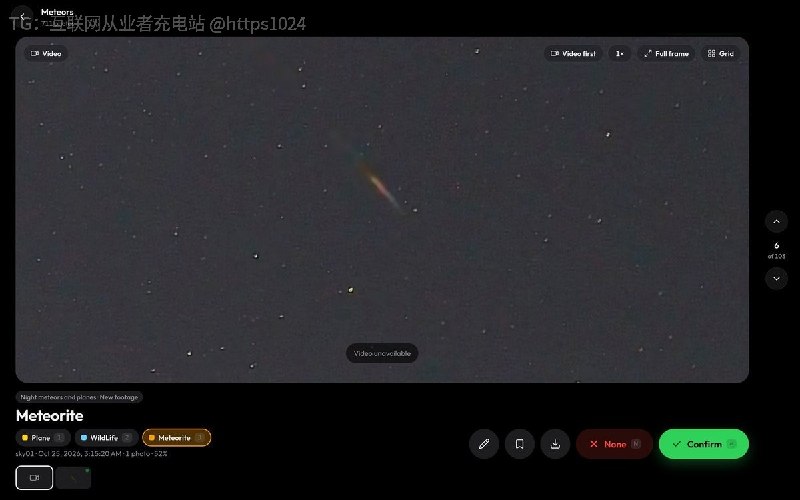 把一台朝天的 IP 摄像头 24 小时录像保存在自己的硬盘上，再自动跑检测模型，从夜里飞过的东西里挑出流星和飞机