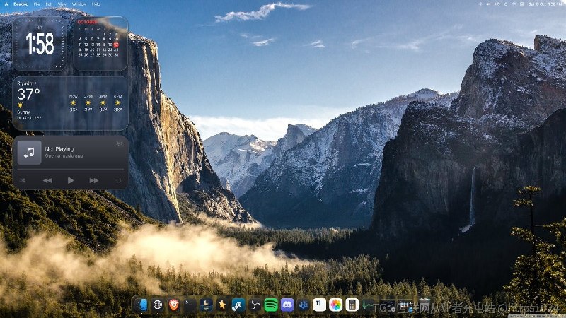在 Hyprland 上装出一套 macOS Tahoe 风格的菜单栏、Dock、桌面小组件和锁屏，用单个 Quickshell 进程跑完