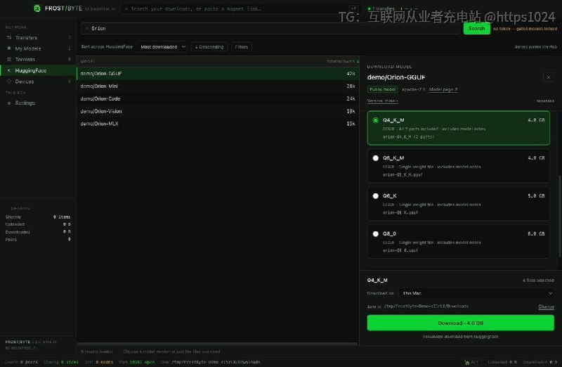 模型下载散落在 Hugging Face 网页、BT 客户端和各台机器之间FrostByte 把 Hugging Face、种子、IPFS 和多台设备放进一个桌面应用统一管理和分流