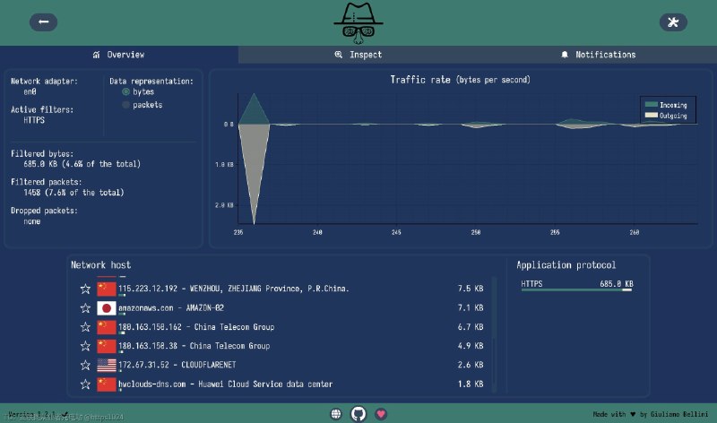 今天用了一款非常好用的网络嗅探工具，大家之前最常见使用的是 Wireshark，现在推荐一下 sniffnet：