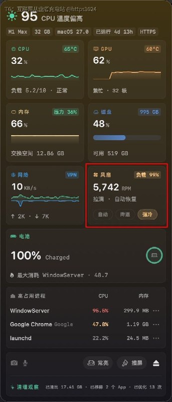 M1 Max已经废了 开风扇降温中🥲不知道是beta系统卡还是咋地@