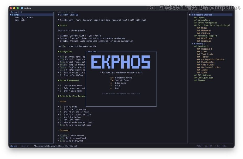 在终端里维护 markdown 笔记库，把 Obsidian 的双链、图谱、任务汇总、Bases 属性视图和 Canvas 白板搬进 TUI