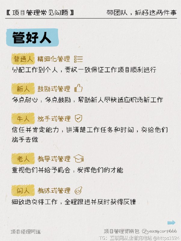 【2025带团队💪只要抓好这2件事】㊙️带团队 = 管好人+管好事👉管好人：🔸【普通人】精细化管理分配工作到个人，责权一致保证工作项目顺利进行🔸【新人】鼓励式管理多点耐心，多点鼓励，帮助新人尽快适应职场新工作🔸【牛人】放手式管理信任并肯定能力，讲清楚工作任务和时间，交给他们放手去做🔸【老人】教导式管理重视他们并给予机会，发挥他们的才能🔸【闲人】教练式管理细致地交待工作，全程跟进并及时获得反馈👉管好事：🔸制定清晰的工作目标：每一项工作必须以结果为导向，目标要不断拆解、细分至每个成员头上，设置截止日期和工作标准🔸建立标准化的工作流程：考核上有数据可以参考，同时还能清晰的知道每个岗位!每个成员的职责，流程，KPI🔸加强彼此间的沟通协作：团队成员之间畅所欲言紧密合作，才能提升彼此之间信任感，一旦出现问也能及时沟通交流，高效解决🔸培养团队自我管理能力：团队的发展单单依靠管理者是不行的，还需要团队成员学会自我管理🔸及时提供反馈意见：为团队成员提供反馈和建议是管理者最重要的职责之一通常采用观察文谈、现场提问、效果评价等方式区馈✨关注~了解更多项目管理知识﻿ ﻿ ﻿ ﻿ ﻿ ﻿ ﻿ ﻿ ﻿ ﻿@