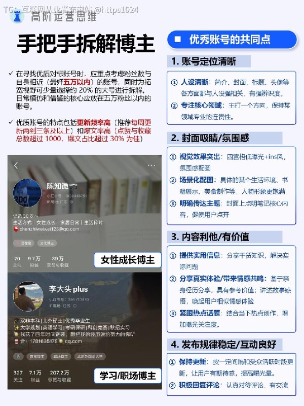 【新媒体运营必看｜手把手教你拆解账号】1️⃣优质对标账号的判断标准- 粉丝数避免选几十万以上粉丝的账号，优先选五万以内粉丝的，少量分析大号拓宽视野